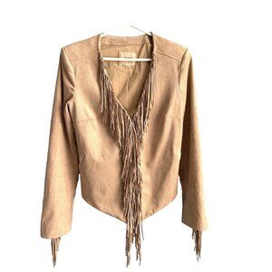 VINTAGE Guess Fringe Jacket Size M Tan Polyester Spandex Western Cowgirl Jacket